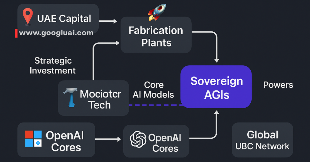A flow diagram titled "Cooperation as Competitive Advantage - Googlu AI" illustrating a strategic investment from UAE Capital to Mociotcr Tech, leading to Core AI Models and ultimately to Sovereign AGIs. OpenAI Cores also feed into OpenAI Cores and the Global UBC Network, which then links to Sovereign AGIs, demonstrating various inputs to advanced AI.