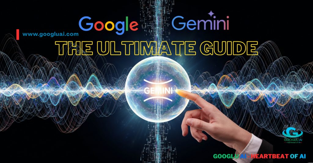An ultimate guide to Google Gemini, featuring a hand touching a glowing orb that represents the future of multimodal AI and its impact on Large Language Models (LLMs) and generative AI.
