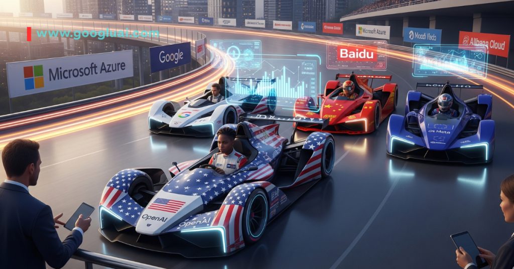A dynamic, futuristic image depicts a race among AI-powered cars, each representing a prominent LLM company. In the foreground, an OpenAI car, decorated with the American flag, leads the pack. Other cars feature logos from Google, Microsoft Azure, Baidu, and Alibaba Cloud. Holographic screens above the track display charts and data related to AI performance. Two spectators in business attire are visible on the sidelines, one holding a tablet. A cityscape and banners with company logos line the track, emphasizing the high-tech, competitive environment of the LLM industry.