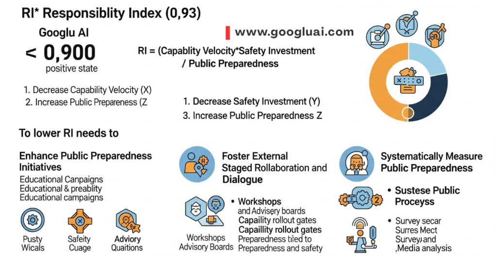 Infographic outlining Googlu AI's Responsibility Index and strategies to improve public preparedness related to AI.