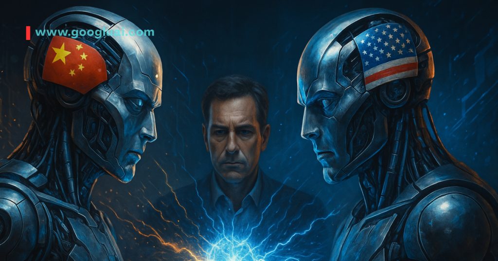 A tense visual representation of the AI competition between China and the USA. Two humanoid robot heads, one with the Chinese flag on its forehead and the other with the American flag, face each other. A human figure stands between them, looking concerned, as blue electrical energy crackles below. This symbolizes the "Global Race for Super AI Agents" and the geopolitical stakes.