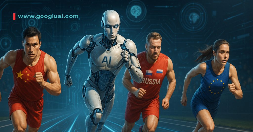 Four figures, including a humanoid robot labeled "AI," sprint on a digital race track. To the left is a male runner in a red uniform with yellow stars, seemingly representing China. To the right of the robot are a male runner in a red "RUSSIA" uniform and a female runner in a blue "EU" uniform with yellow stars. A digital circuit board and glowing brain motif are in the background, symbolizing the global competition in Super AI Agents.