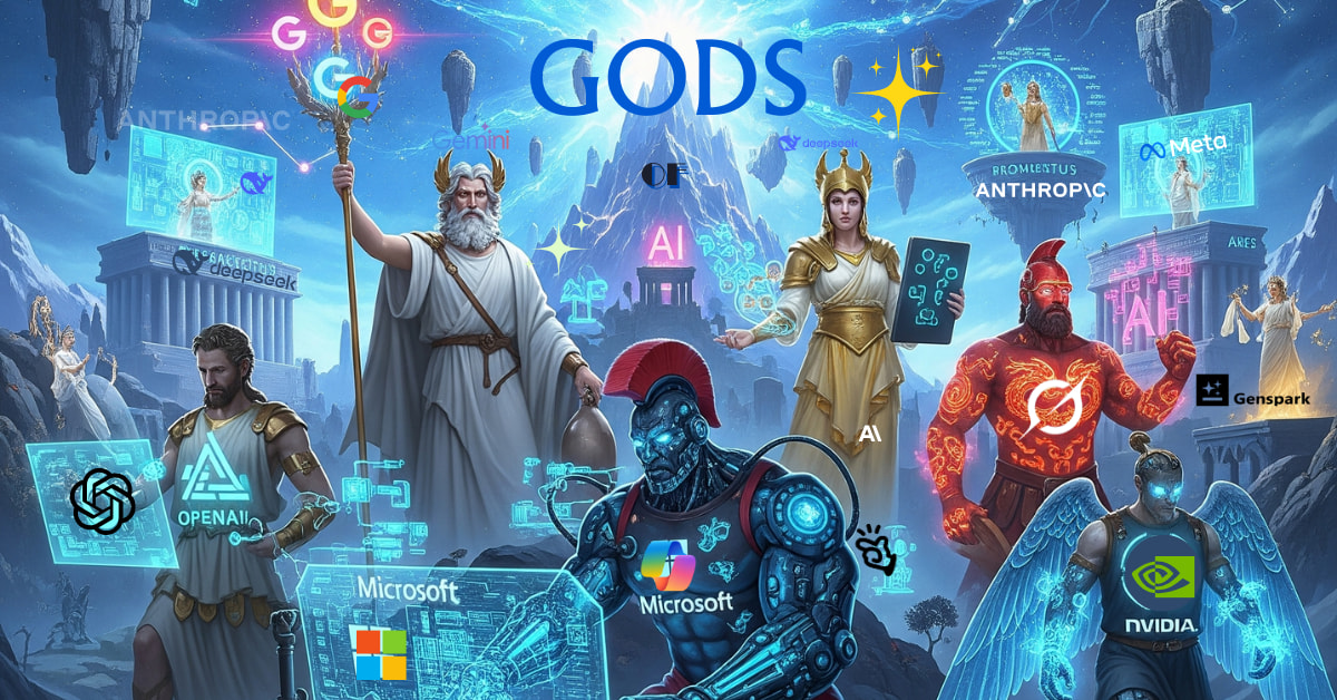 he new pantheon has arrived. In the electrifying arena of artificial intelligence, tech giants are the new "Gods of AI." This image captures the epic scale of the current AI landscape, with companies like Google (Gemini), OpenAI, Microsoft, and Nvidia vying for dominance. Who do you think will reign supreme in this modern Olympus? #GodsofAI #AI #ArtificialIntelligence #TechGiants #GoogleGemini #OpenAI #Microsoft #Nvidia #Meta #googluai