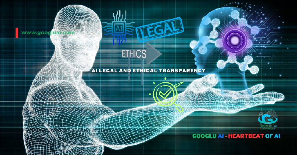 A conceptual image from Googlu AI illustrating AI Legal and Ethical Transparency. A digital, wireframe human figure holds out its hand, presenting a glowing icon of an AI brain, perfectly balancing the principles of 'Legal' and 'Ethics' to achieve approved, trustworthy AI.
