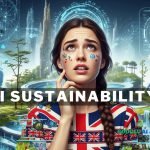 AI Sustainability: A woman looks up with a worried expression, surrounded by a futuristic landscape blending technology and nature, representing the AI sustainability paradox. The image highlights the need for responsible AI and a sustainable AI future, a key aspect of AI governance.