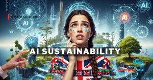 AI Sustainability: A woman looks up with a worried expression, surrounded by a futuristic landscape blending technology and nature, representing the AI sustainability paradox. The image highlights the need for responsible AI and a sustainable AI future, a key aspect of AI governance.