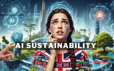 AI Sustainability: A woman looks up with a worried expression, surrounded by a futuristic landscape blending technology and nature, representing the AI sustainability paradox. The image highlights the need for responsible AI and a sustainable AI future, a key aspect of AI governance.