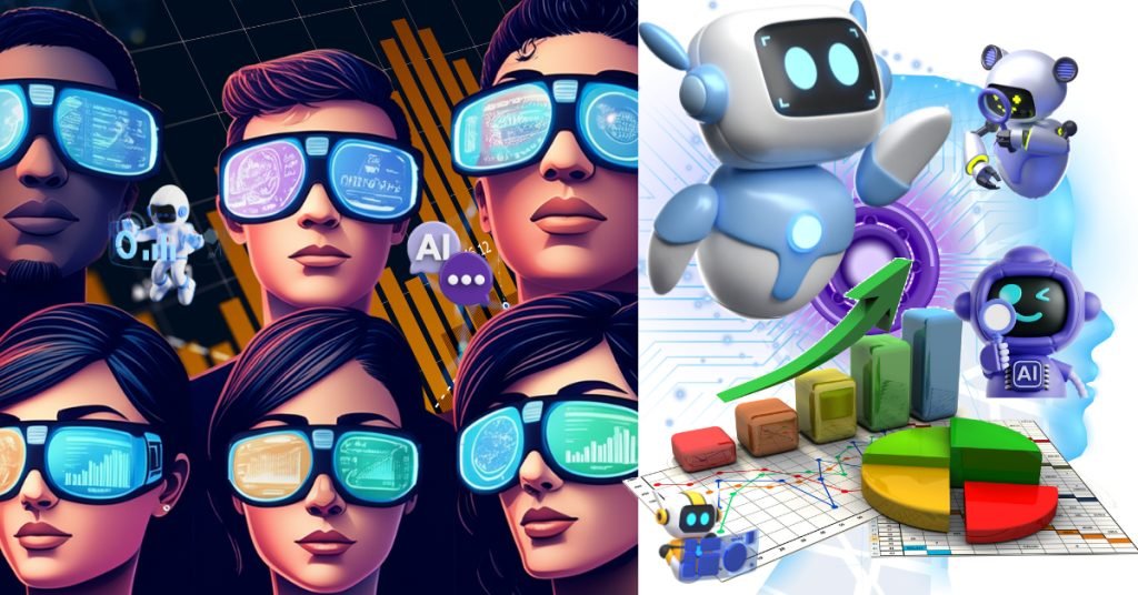 Composite image showcasing AI trends 2025: left panel features diverse-appearing individuals in human-AI symbiosis via AR goggles displaying data; right panel depicts AI robots with business charts, symbolizing how AI automates tasks and the Impact of AI in analytics.
