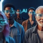 Diverse group of individuals wearing futuristic augmented reality goggles displaying data interfaces, illustrating key AI trends 2025 such as human-AI symbiosis, enhanced AI collaboration, and the transformative Impact of AI, with 'AI' visible in the background.