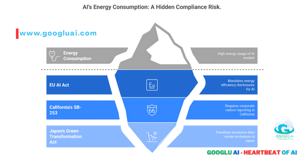 AI's energy consumption: A hidden compliance risk, visualized as an iceberg, highlighting the AI Environmental Manifesto, Sustainable AI, Green AI, and AI Carbon Footprint. The visible tip represents high energy usage, while the submerged portion reveals regulatory frameworks like the EU AI Act Environmental Impact, California's SB-253, and Japan's Green Transformation Act, addressing data center energy consumption and demanding reducing AI's energy consumption. This image from Googlu AI (www.googluai.com) illustrates AI's role in climate change and the Future of Sustainable Technology 2030.