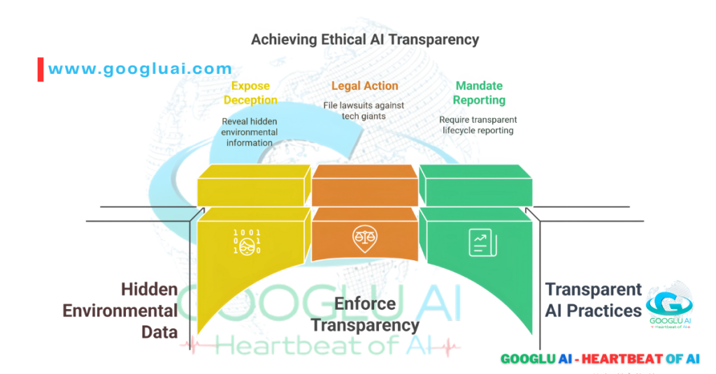 Infographic outlining the process of Achieving Ethical AI Transparency, a core tenet of the AI Environmental Manifesto and Ethical AI. It illustrates how to move from "Hidden Environmental Data" to "Transparent AI Practices" through actions like "Expose Deception" (revealing hidden environmental information), "Legal Action" (filing lawsuits against tech giants), and "Mandate Reporting" (requiring transparent lifecycle reporting), all crucial for Sustainable AI and understanding the AI Carbon Footprint. This visual from Googlu AI (www.googluai.com) underscores the importance of accountability in Green AI.