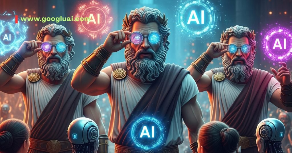 Googlu AI: Multiple Zeus-like figures with AI-enhanced vision, delving into 'AI and human flaws' and the relevance of 'Ancient wisdom AI' for 'Greek Mythology in AI'.