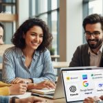 A stylized graphic for an article on Googlu AI about future-proofing skills. A central, luminous brain with integrated digital circuits is surrounded by icons representing free AI content creation tools for non-technical users, set against a futuristic blue background. Future-Proof Your Skills: The Top 10 Free AI Tools for Non-Technical Professionals