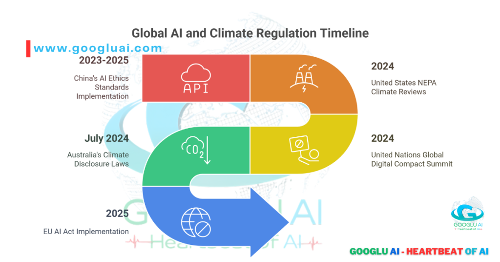 Global AI and Climate Regulation Timeline from 2023-2025, illustrating key milestones for the AI Environmental Manifesto and Sustainable AI. Events include China's AI Ethics Standards Implementation (2023-2025), the United States NEPA Climate Reviews (2024), Australia's Climate Disclosure Laws (July 2024), the United Nations Global Digital Compact Summit (2024), and the EU AI Act Environmental Impact Implementation (2025), highlighting the global push for Green AI and addressing AI's role in climate change. This timeline from Googlu AI (www.googluai.com) showcases the evolving landscape of AI governance and sustainability.