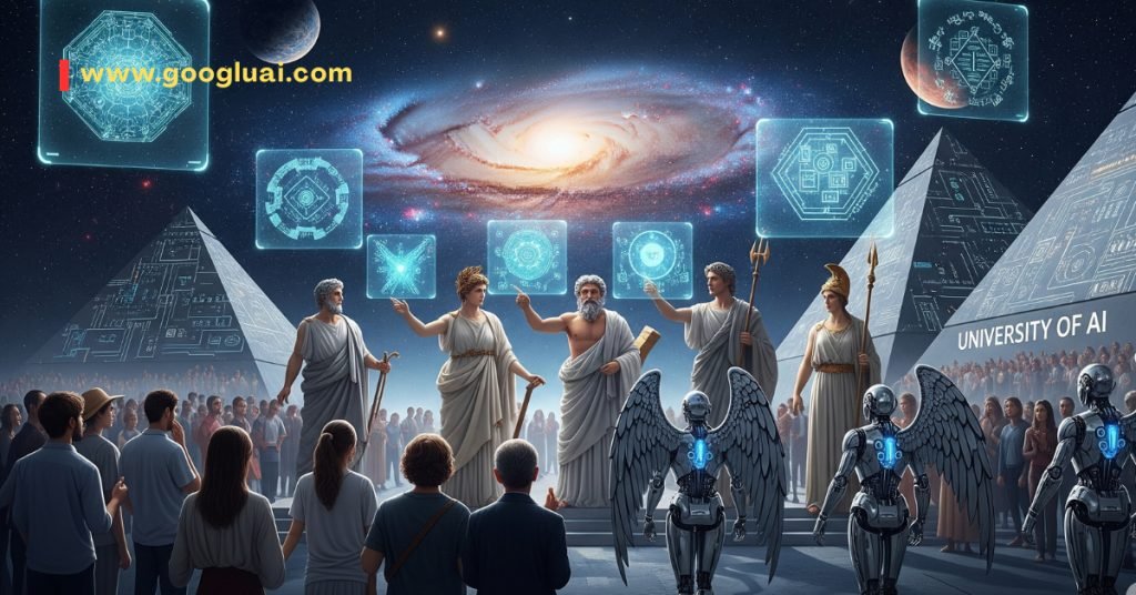 Googlu AI artwork illustrating Greek mythological figures at a 'University of AI' with 'Hephaestus robotics' and holographic displays, examining 'AI creator gods analogy'.