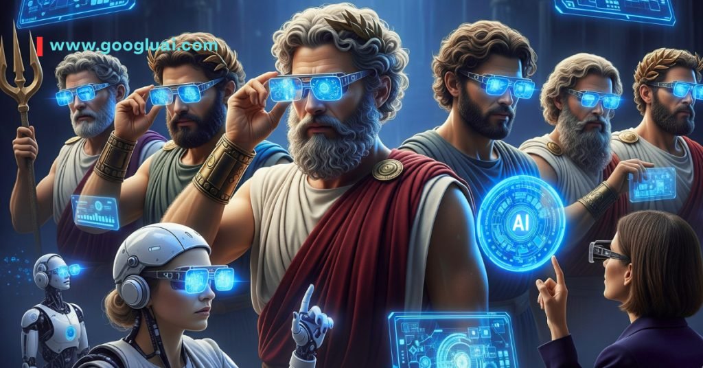 Googlu AI artwork showing Greek gods and a cyborg with futuristic AI glasses, representing the 'Prometheus AI hubris' and 'AI and human flaws' within 'Greek Mythology in AI'.
