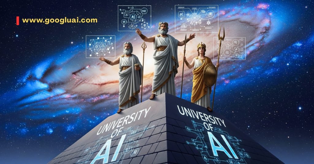 Googlu AI image: Greek gods stand atop a 'University of AI' pyramid, symbolizing the 'AI and human flaws' and 'AI power dynamics' inherent in 'Greek Mythology in AI'.