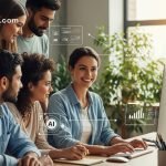 A diverse team of five professionals collaboratively reviewing data on a computer screen, with AI-themed holographic overlays and the Googlu AI logo, illustrating the automation of business processes with AI agents.