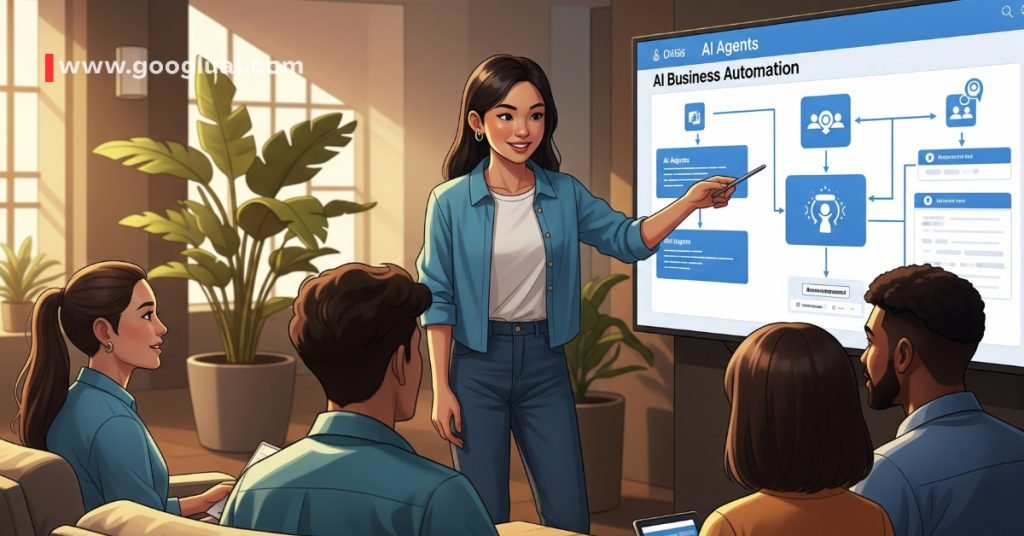 A presenter, likely a woman, explaining an "AI Business Automation" flowchart on a large screen to an attentive audience, illustrating the implementation steps for AI agents in business processes, with the Googlu AI website visible.