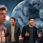 Sam Altman, CEO of OpenAI, gestures while speaking, with multiple overlaid images of him and a humanoid AI robot. In the background, a digital globe and abstract human-like figures represent a global, evolving workforce and the impact of AI.