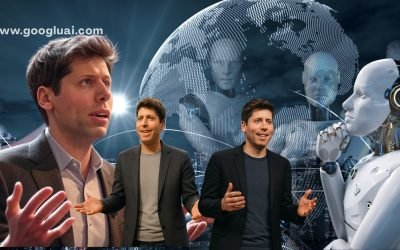 Sam Altman, CEO of OpenAI, gestures while speaking, with multiple overlaid images of him and a humanoid AI robot. In the background, a digital globe and abstract human-like figures represent a global, evolving workforce and the impact of AI.