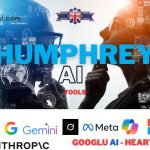 A central digital display showing "HUMPHREY AI TOOLS" in large blue letters, with "AI" prominently featured. The display is framed by two blurred human-like silhouettes, possibly representing minds or data. The UK Union Jack flag is visible in the upper center and top left. Below, a row of prominent AI company logos includes OpenAI, Google Gemini, Meta, Microsoft, Nvidia, Anthropic, and the Googlu AI logo with "GOOGLU AI - HEARTBEAT OF AI" text. This image illustrates the complexities and key players surrounding UK Government AI and its reliance on Big Tech.