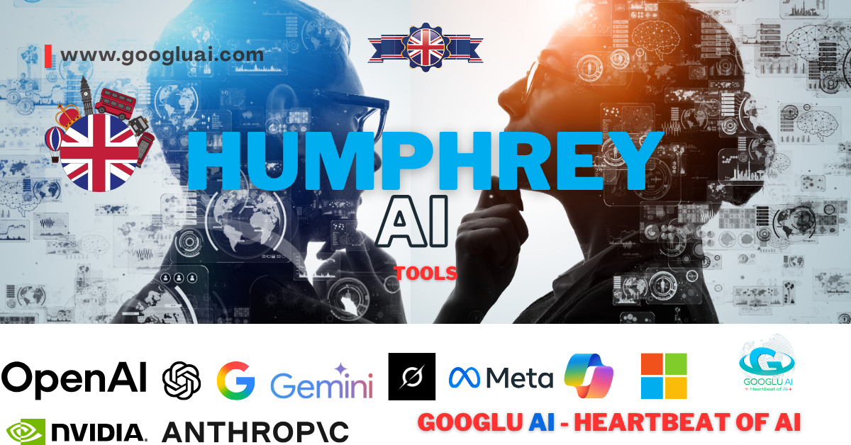 A central digital display showing "HUMPHREY AI TOOLS" in large blue letters, with "AI" prominently featured. The display is framed by two blurred human-like silhouettes, possibly representing minds or data. The UK Union Jack flag is visible in the upper center and top left. Below, a row of prominent AI company logos includes OpenAI, Google Gemini, Meta, Microsoft, Nvidia, Anthropic, and the Googlu AI logo with "GOOGLU AI - HEARTBEAT OF AI" text. This image illustrates the complexities and key players surrounding UK Government AI and its reliance on Big Tech.