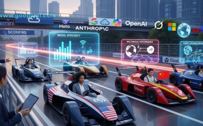 A vibrant, futuristic image depicts an AI-powered race, with sleek, open-wheel cars, each adorned with the logo of a prominent LLM Companies such as Gemini, Google, OpenAI, Meta, Anthropic, and Baidu DeepSeek. The cars are racing on a track that features holographic projections of charts and data points like "MODEL EFFICIENCY" and "MULTIMODAL PERFORMANCE." Spectators, appearing to be business professionals, are observing the race, with one person in the foreground holding a tablet. The background shows a modern cityscape with towering skyscrapers, emphasizing the high-tech, competitive landscape of the LLM industry.