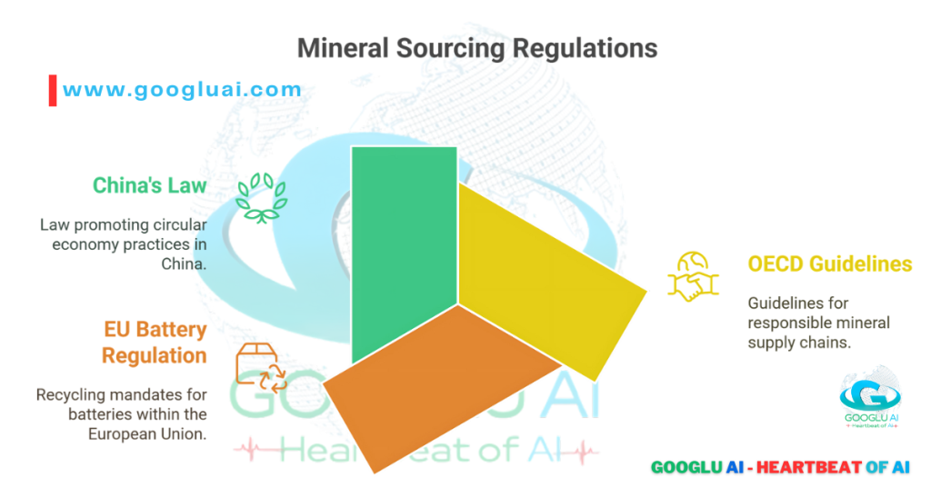 Infographic illustrating Mineral Sourcing Regulations relevant to the AI Environmental Manifesto and Sustainable AI. Key regulations include China's Law promoting circular economy practices, the EU Battery Regulation mandating recycling for batteries, and the OECD Guidelines for responsible mineral supply chains, all critical for Green AI and reducing the AI Carbon Footprint. This image from Googlu AI (www.googluai.com) highlights ethical and environmental considerations in AI hardware.