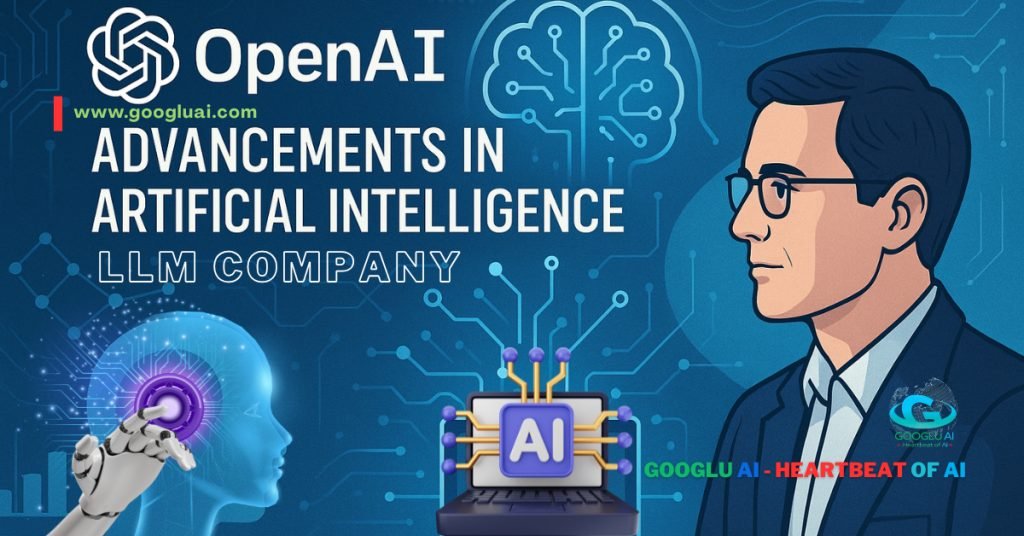 An illustrative collage about OpenAI and advancements in AI, featuring a man looking at AI concepts, a robotic hand touching a cyborg head, and icons of brains and laptops, all set against a blue digital background for a Googlu AI article.
