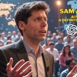 Sam Altman, CEO of OpenAI, addresses a large, diverse audience with a world map visible behind him, alongside the text "SAM ALTMAN AI PIONEER A DEFINITIVE BIOGRAPHY" and the OpenAI logo