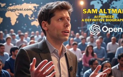 Sam Altman, CEO of OpenAI, addresses a large, diverse audience with a world map visible behind him, alongside the text "SAM ALTMAN AI PIONEER A DEFINITIVE BIOGRAPHY" and the OpenAI logo