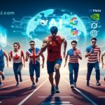 A vibrant image of a diverse group of runners, each representing a different country or region (China, Japan, EU, Canada, UK, US, Russia, and another likely Western nation), racing on a track. In the background, a digital globe glows with circuits, and prominent AI company logos like Google DeepMind, OpenAI, Meta, and Nvidia are visible, alongside other AI project names like "DeepSeek" and "Gemini," symbolizing the global competition in Super AI Agents. The Global Race for Super AI Agents: A Comprehensive Analysis of China's Advancements and International Competition