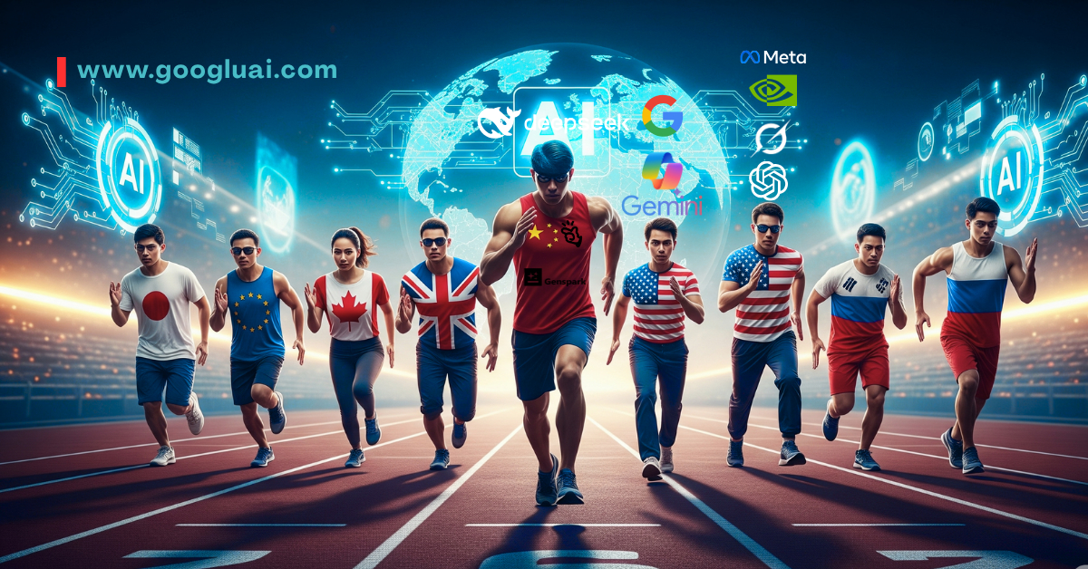 A vibrant image of a diverse group of runners, each representing a different country or region (China, Japan, EU, Canada, UK, US, Russia, and another likely Western nation), racing on a track. In the background, a digital globe glows with circuits, and prominent AI company logos like Google DeepMind, OpenAI, Meta, and Nvidia are visible, alongside other AI project names like "DeepSeek" and "Gemini," symbolizing the global competition in Super AI Agents. The Global Race for Super AI Agents: A Comprehensive Analysis of China's Advancements and International Competition