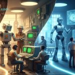 A split image depicting the evolution of artificial intelligence, with older, industrial-era robots and analog machinery on the left, transitioning to modern, sleek humanoid robots, glowing digital interfaces, and human-computer interaction in a futuristic setting on the right.
