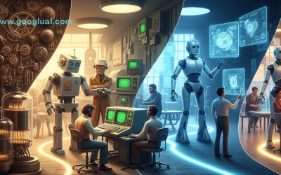 A split image depicting the evolution of artificial intelligence, with older, industrial-era robots and analog machinery on the left, transitioning to modern, sleek humanoid robots, glowing digital interfaces, and human-computer interaction in a futuristic setting on the right.