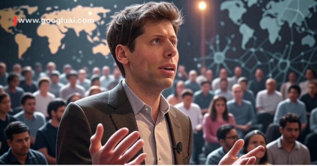 Sam Altman, CEO of OpenAI, speaks passionately on a stage, gesturing with his hands, in front of a large audience and a map of the world with interconnected nodes, symbolizing global AI advancements.
