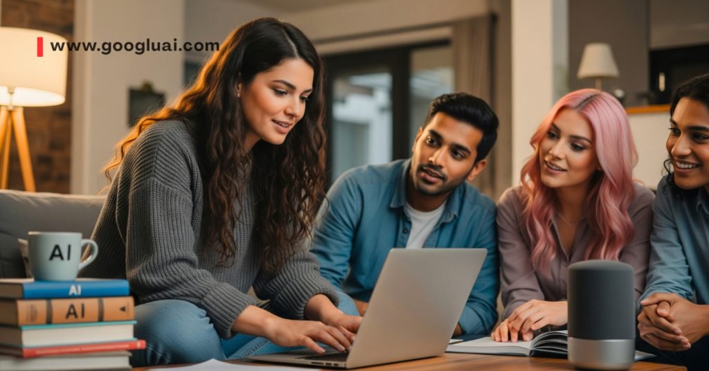 Googlu AI presentation showcasing a 'PROMPT ENGINEERING' flowchart on a tablet, explaining structured prompt engineering techniques to a diverse audience.