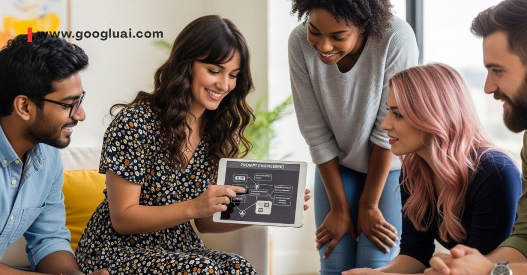 Diverse team at Googlu AI collaboratively exploring AI prompt engineering on a laptop, with AI research books nearby, symbolizing the study of prompt engineering psychology.