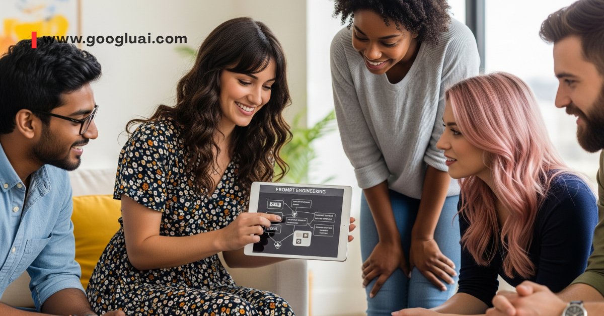 Diverse team at Googlu AI collaboratively exploring AI prompt engineering on a laptop, with AI research books nearby, symbolizing the study of prompt engineering psychology.