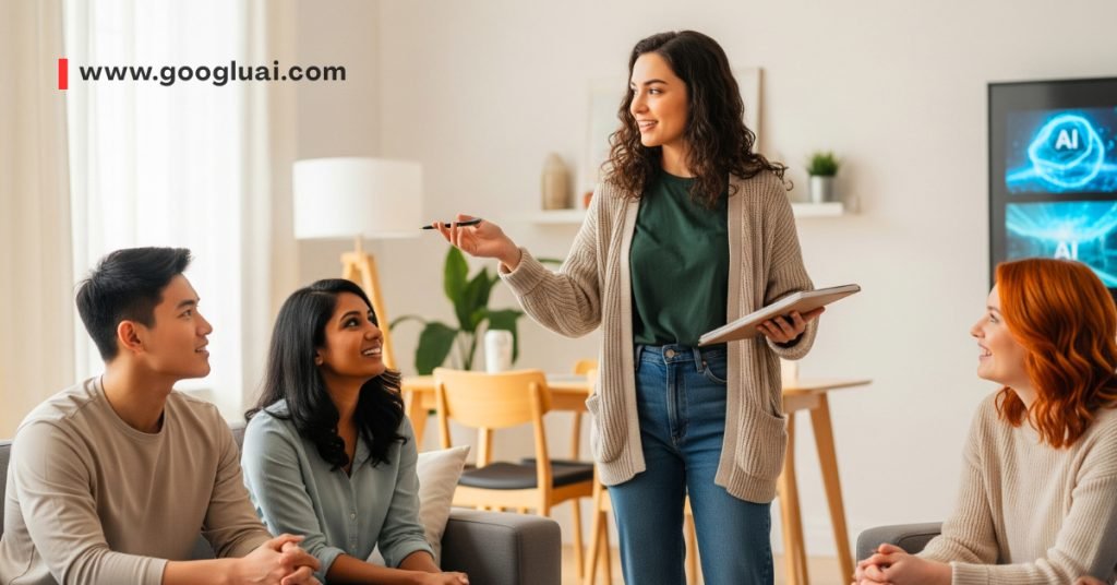 Googlu AI expert presenting on AI prompt engineering techniques from a tablet to an engaged, diverse group, illustrating human-AI interaction psychology.