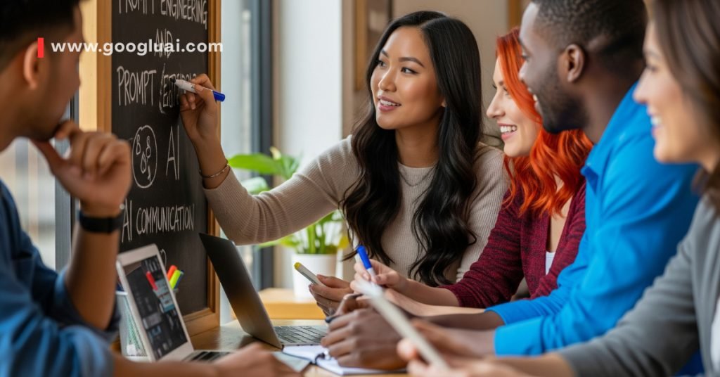 Googlu AI educator writing 'PROMPT ENGINEERING' and 'AI COMMUNICATION' on a chalkboard, teaching foundational concepts of prompt engineering psychology to a diverse class.