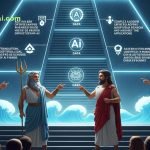 "Googlu AI image: Greek deities on a data-driven ascent, illustrating 'Fate vs AI prediction' and 'AI power dynamics' within 'Greek Mythology in AI'.