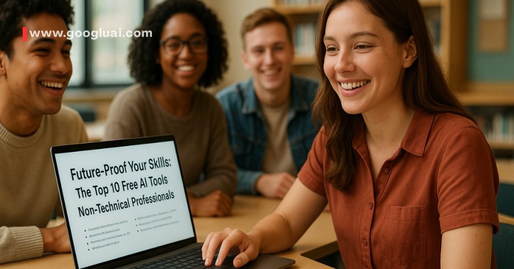 A diverse group of non-technical professionals, including a marketer, a content creator, and a small business owner, confidently utilizing AI tools to streamline their workflows, symbolizing future-proofed careers through AI literacy.