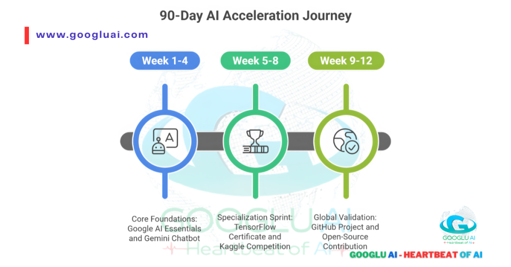 Timeline infographic illustrating a "90-Day AI Acceleration Journey," divided into three phases: Core Foundations (Weeks 1-4), Specialization Sprint (Weeks 5-8), and Global Validation (Weeks 9-12).