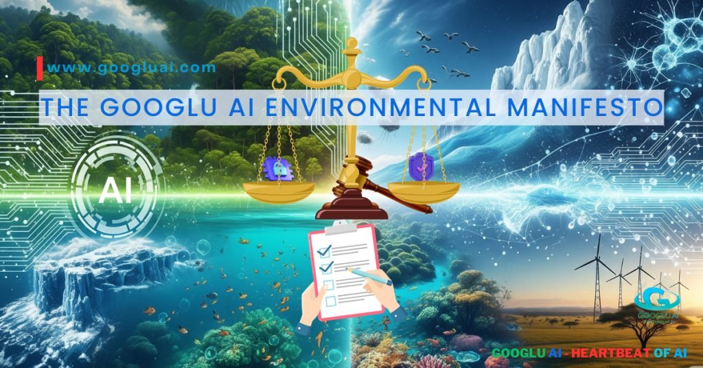 The Googlu AI Environmental Manifesto title overlaying a conceptual image balancing nature and technology. On the left, lush greenery, mountains, and clear water represent the environment. In the center, a scale balances an AI symbol with a natural element, while a checklist represents governance. On the right, circuit boards, wind turbines, and icebergs symbolize technology and environmental impact. This visual from Googlu AI (www.googluai.com) embodies the pursuit of Sustainable AI, Green AI, and addresses the AI Carbon Footprint, Ethical AI, and AI for Sustainability.
