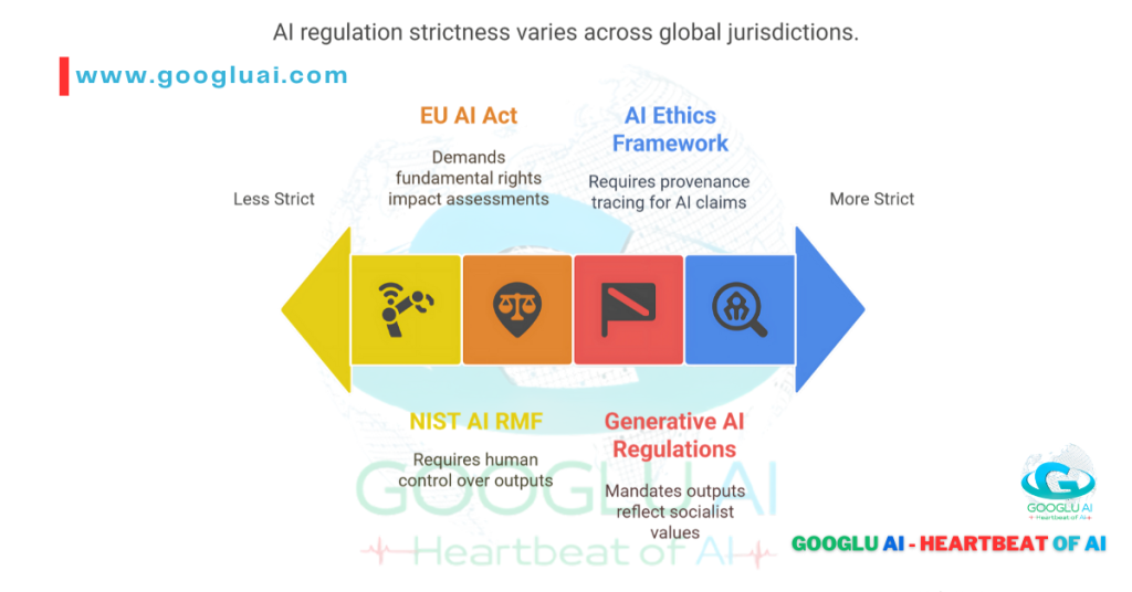 Googlu AI Prompt Engineering: AI regulation strictness varies across global jurisdictions, illustrating regulations from less strict to more strict, including EU AI Act, AI Ethics Framework, NIST AI RMF, and Generative AI Regulations, impacting GPT-4.5 Prompts for Article Writing.