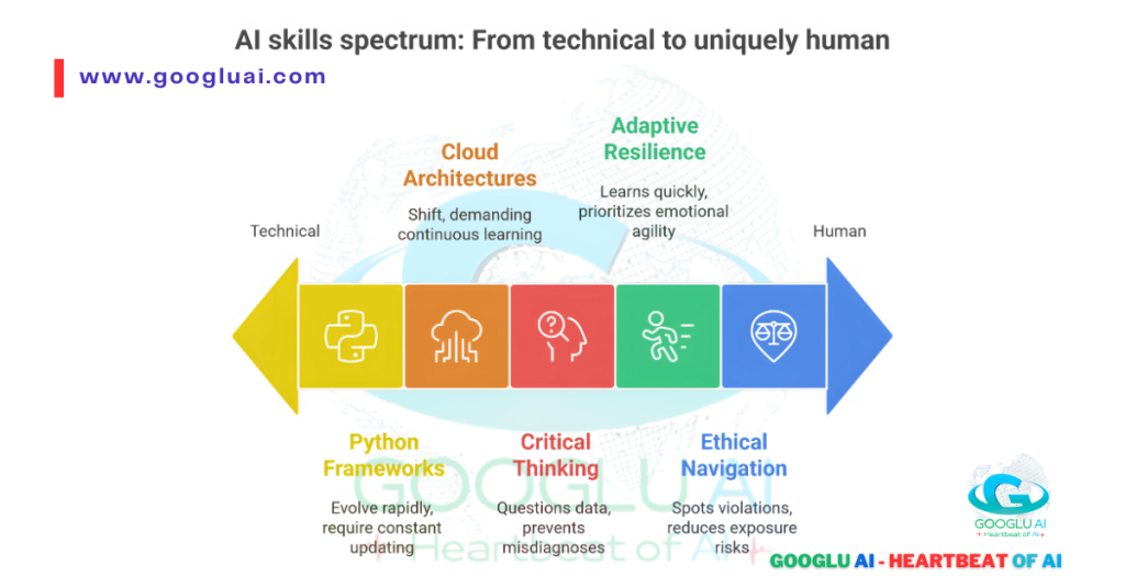 Infographic displaying the AI skills spectrum, transitioning from technical skills like Python Frameworks and Cloud Architectures to uniquely human skills such as Critical Thinking, Adaptive Resilience, and Ethical Navigation.