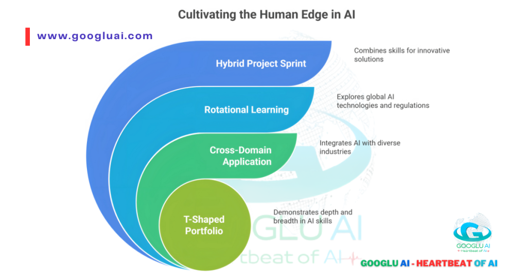  Infographic showing a layered progression of strategies for cultivating human skills in AI, including T-Shaped Portfolio, Cross-Domain Application, Rotational Learning, and Hybrid Project Sprint.
