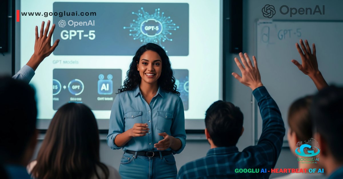 An enthusiastic presenter discusses GPT-5 and ChatGPT-5 capabilities with an engaged audience, with 'OpenAI GPT-5' displayed on a screen, symbolizing the high anticipation for this new AI model and its potential features.